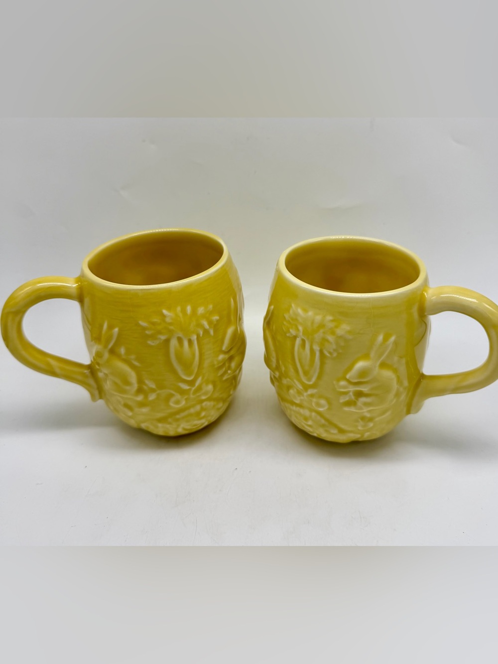 Bordallo Pinheiro Yellow Ceramic Magolica Mug Set Rabbits Carrots-Home Dining